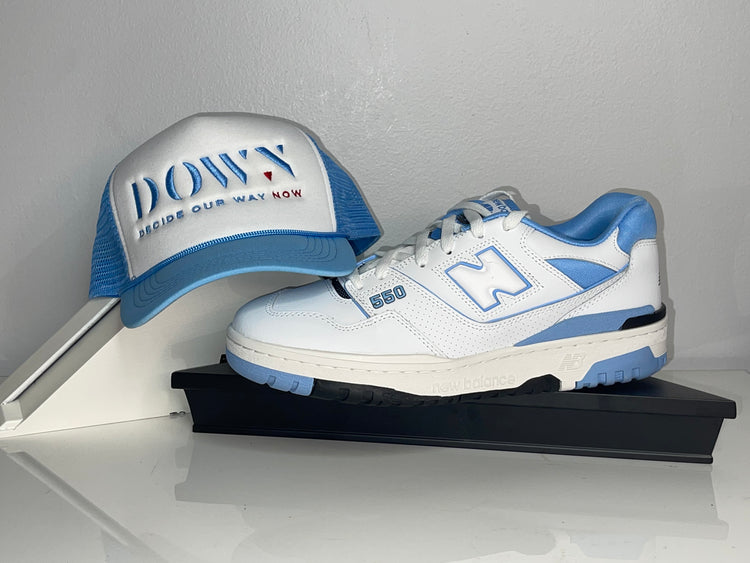 BLUE AND WHITE DOWN TRUCKER HAT