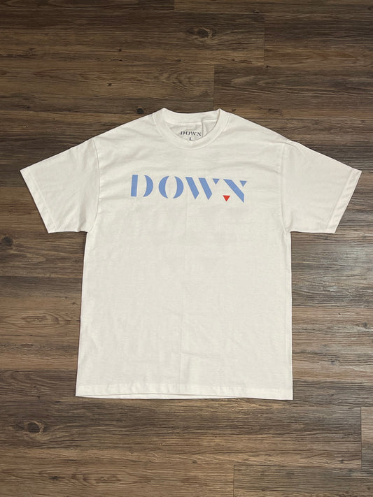 White and Blue DOWN Logo Shirt