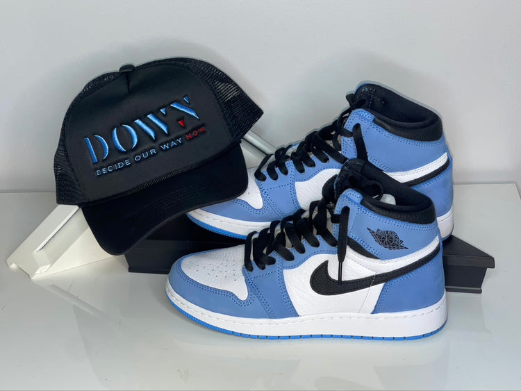 BLACK AND BLUE DOWN TRUCKER HAT