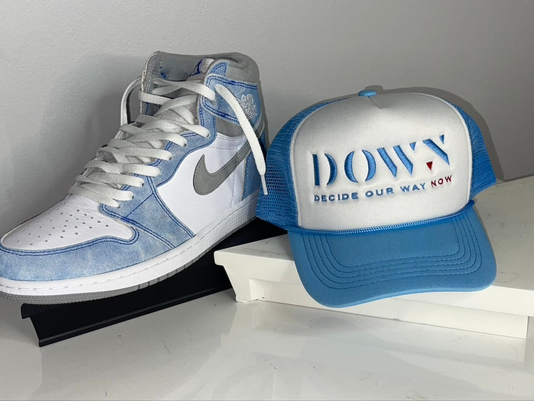BLUE AND WHITE DOWN TRUCKER HAT