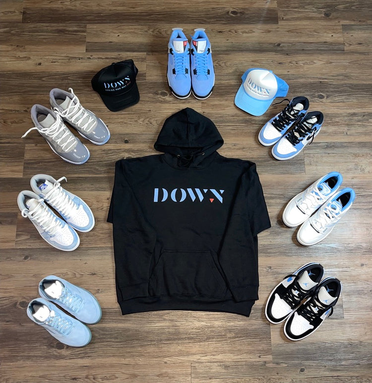 BLACK AND BLUE DOWN LOGO HOODIE