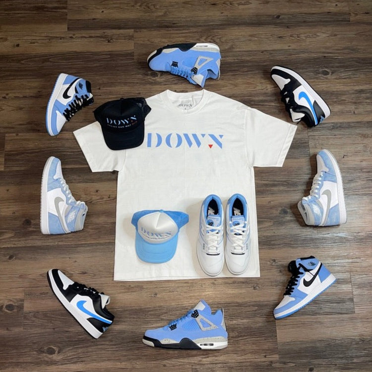 White and Blue DOWN Logo Shirt