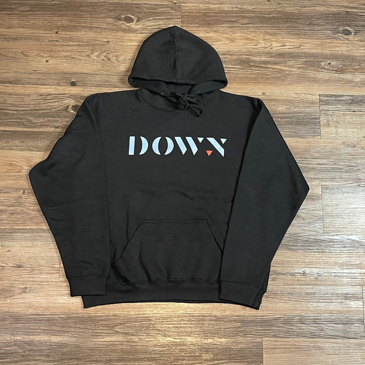 BLACK AND BLUE DOWN LOGO HOODIE