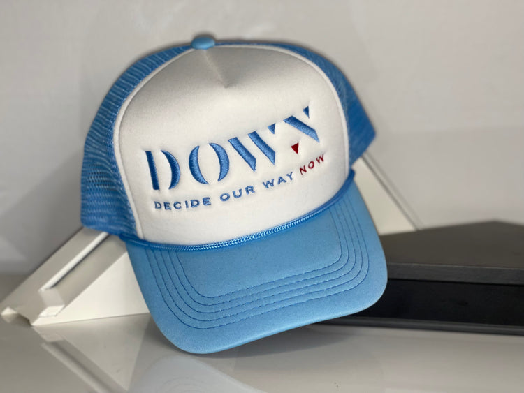 BLUE AND WHITE DOWN TRUCKER HAT