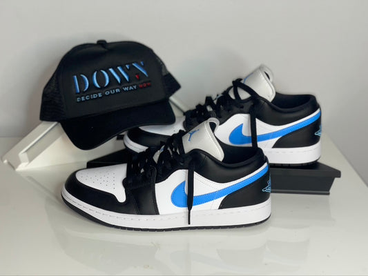 BLACK AND BLUE DOWN TRUCKER HAT